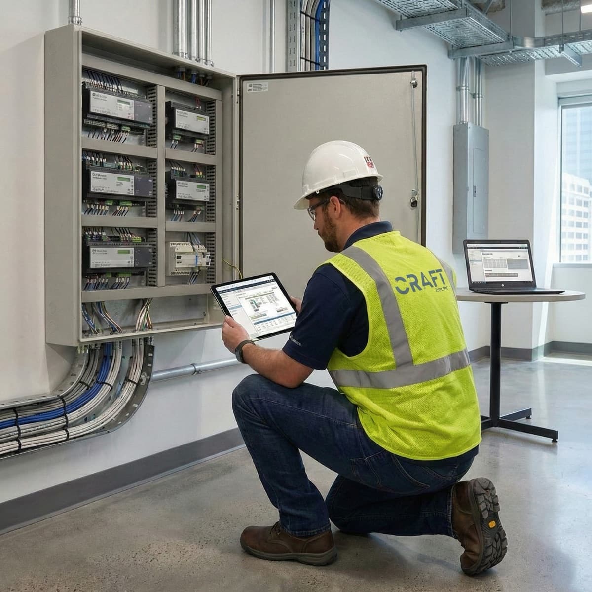 Craft Electric technician commissioning a control panel on a tablet