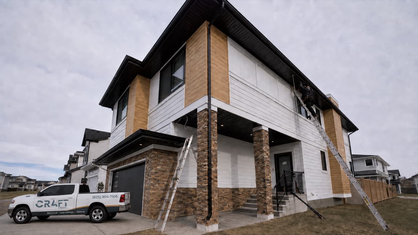Craft Electric truck and crew on ladders installing Watts Lights on a Calgary home