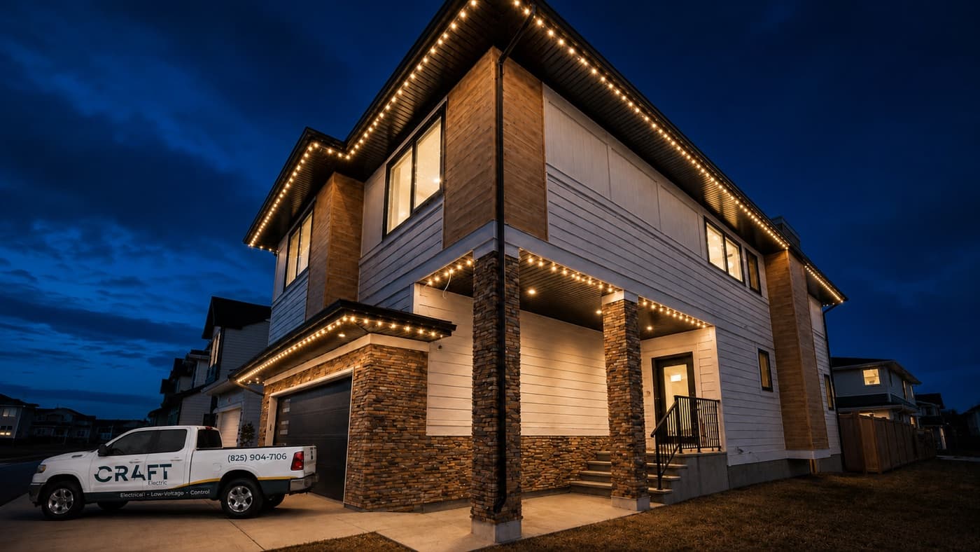 Same home after install — warm white Watts Lights on at dusk