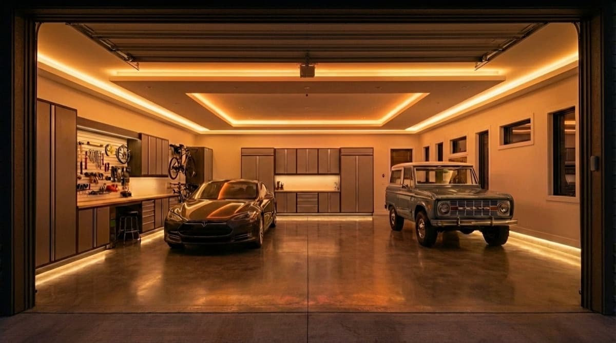 Garage with custom LED cove and toe-kick lighting designed by Craft Electric