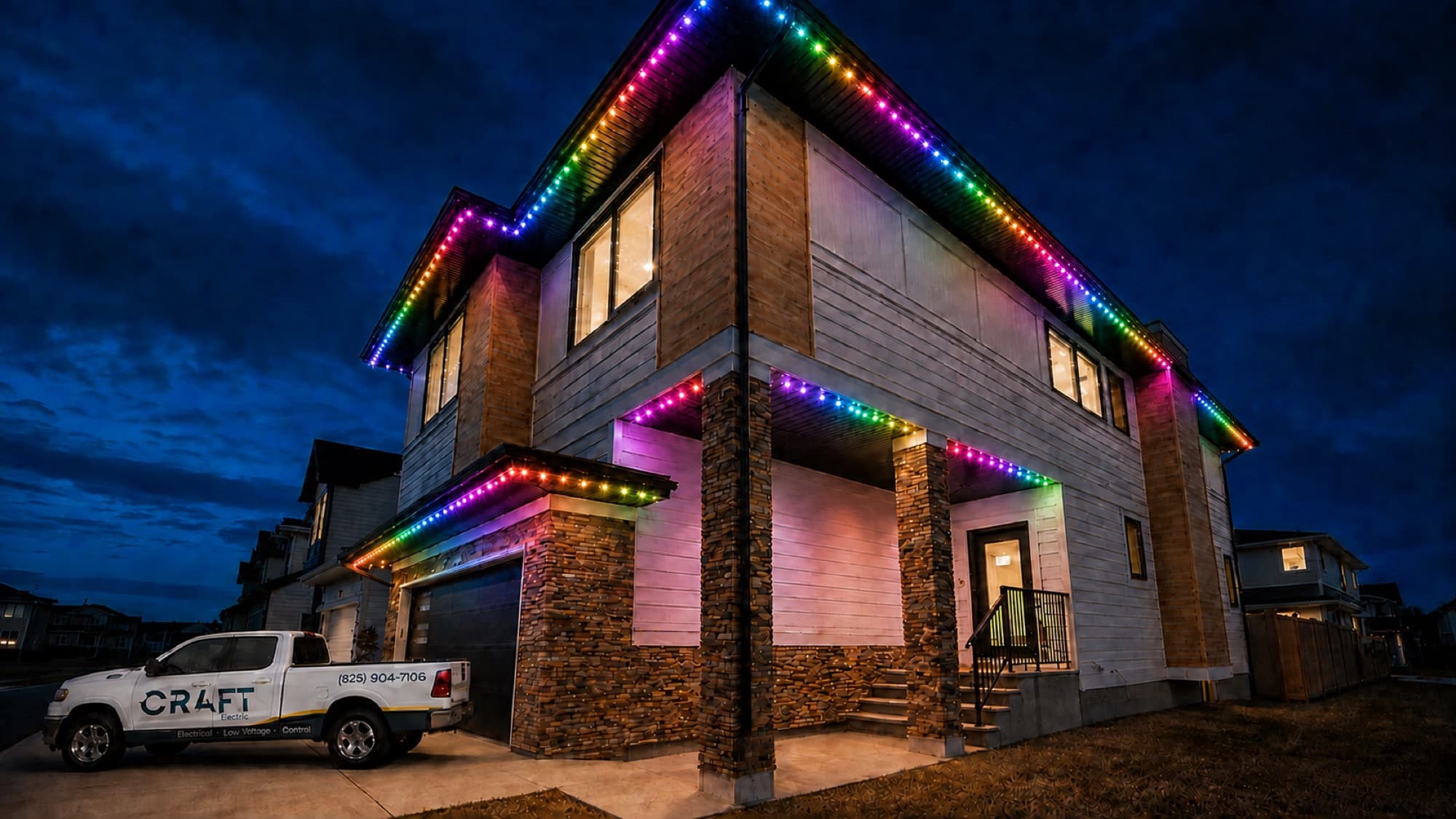 Calgary home outlined in full-colour Watts permanent lighting at dusk, Craft Electric truck in the driveway